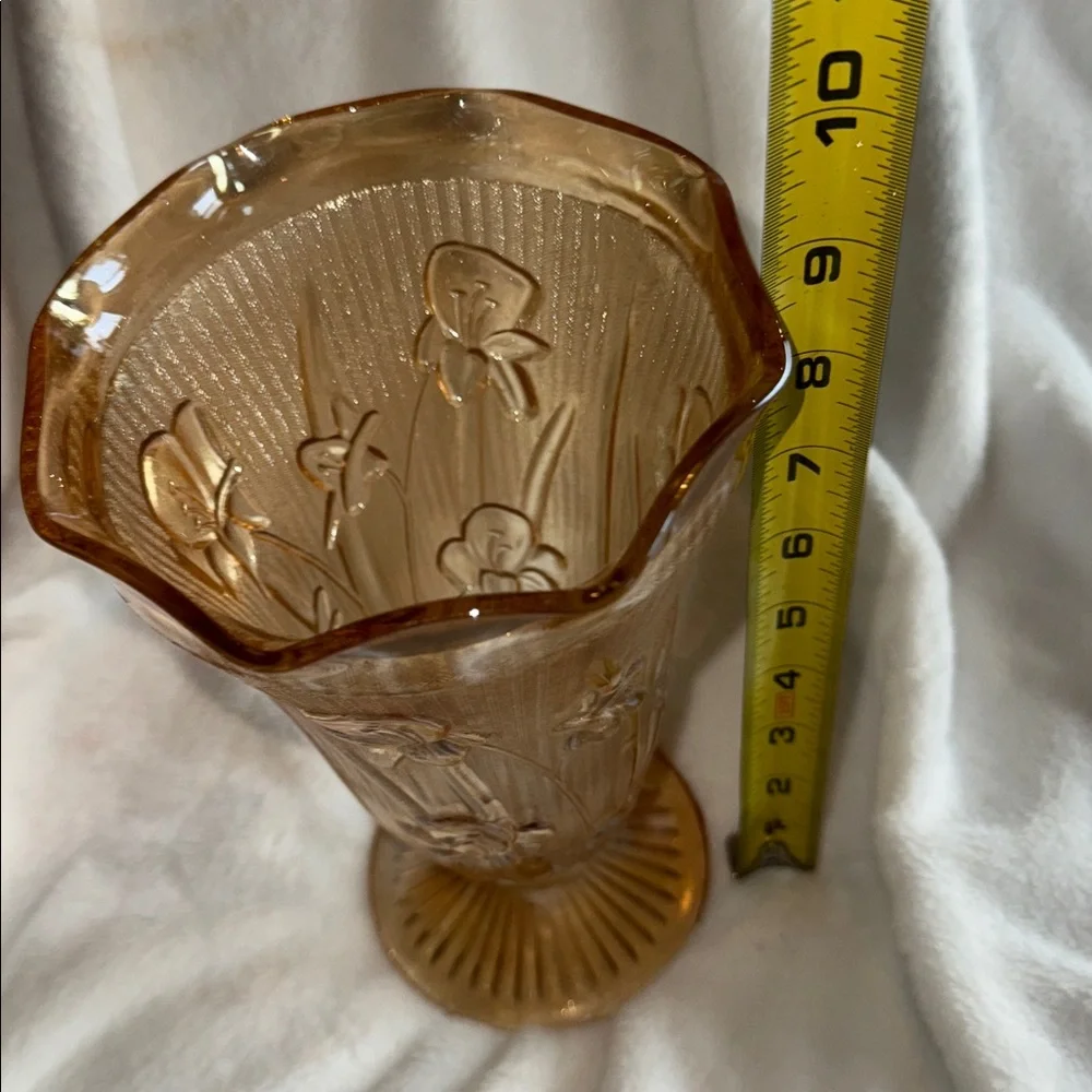 Vintage Jeannette Marigold Carnival Glass Footed Vase Iris & Herringbone 9